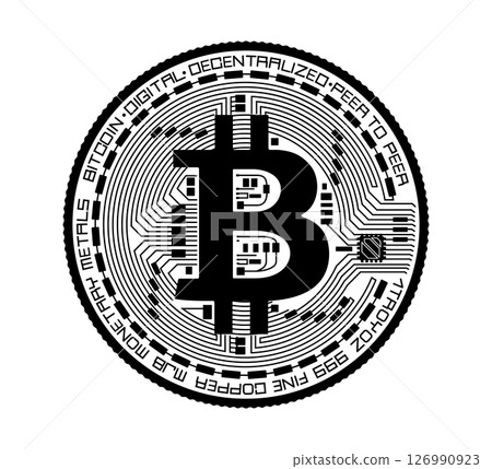 Cryptocurrency coin with a bitcoin symbol. The coin is depicted in black and white. Vector illustration. 126990923