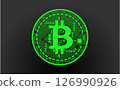 Cryptocurrency green coin with a bitcoin symbol on the face. Isolated on a black background. Vector illustration. 126990926