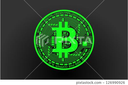Cryptocurrency green coin with a bitcoin symbol on the face. Isolated on a black background. Vector illustration. 126990926