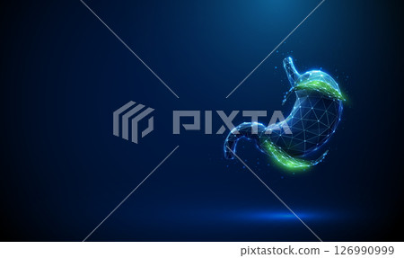 Abstract blue human stomach with green leaves outside. Natural healing and digestive health concept. Abstract blue human stomach with green leaves outside. Natural healing and digestive health concept. 126990999