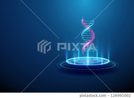 DNA on futuristic podium. Genetic research, biotechnology, molecular biology, genomics concept. Glowing DNA strand, sci-fi platform. 126991002