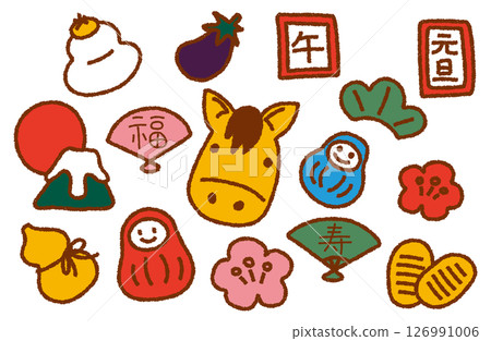 Assortment of New Year's materials and colorful illustrations 126991006