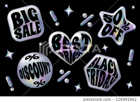 3d holographic retro 90 stickers set. Gradient Chrome Sale, Black Friday and Discount emblems. Holography labels mockup and metal badges of various shapes. Vector Illustration isolated on Black. 126991662
