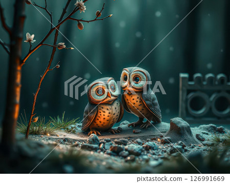 A pair of cute owls. Two stylized, cartoonish owls with big, bright eyes sit together in a whimsical, enchanted setting. 126991669