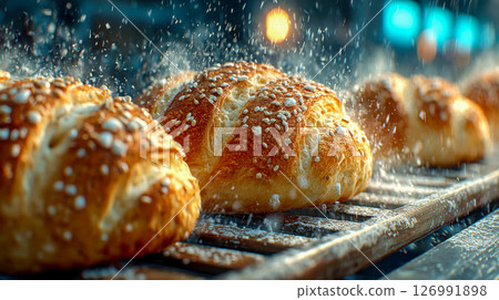 Freshly baked croissants sprinkled with sugar crystals move along a commercial conveyor in a bakery production line 126991898