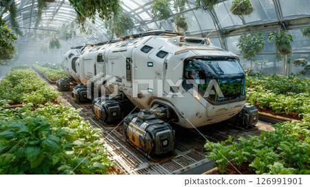 Sci-fi style rover navigating a high-tech greenhouse with lush vegetable rows under a glass dome 126991901