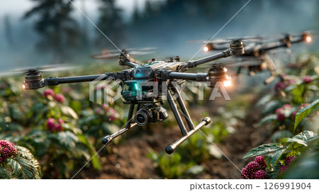 Agricultural drone flying low over vibrant berry crops with precision sensors and mounted cameras 126991904
