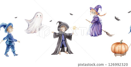 Seamless banner or border for Halloween with wizard in a hat and cloak with a magic wand with stars, fairy or witch on a broomstick, ghost and pumpkin. Hand drawn fantasy illustration for kids' design 126992320