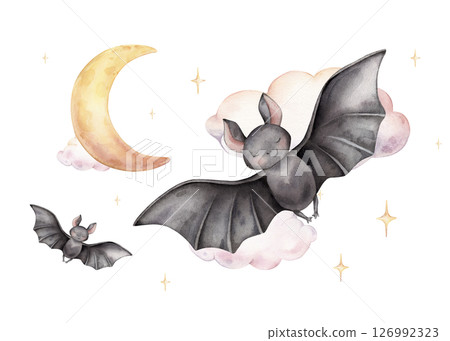Hand drawn watercolor illustration cute black several bats on sky with moon, stars, clouds, perfect for Halloween and children's decorations. It also ideal for baby shower invitations and nursery art 126992323