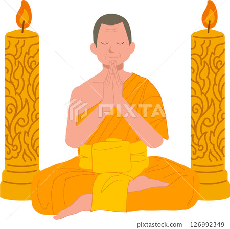 buddhist monk praying with candle light during buddhist lent. 126992349