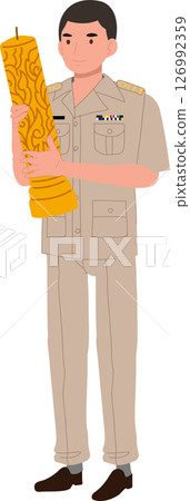 thai civil servant holding lent candle for candle offering ceremony in buddhist lent festival. 126992359