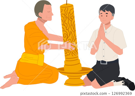 A young Thai student offers a candle to a monk during Khao Phansa at a temple 126992369
