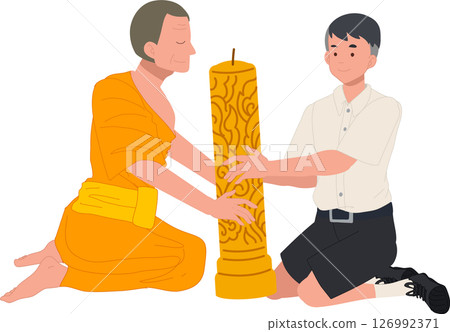 A young Thai student offers a candle to a monk during Khao Phansa at a temple 126992371