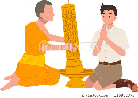A young Thai student offers a candle to a monk during Khao Phansa at a temple 126992375