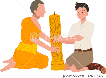 A young Thai student offers a candle to a monk during Khao Phansa at a temple 126992377