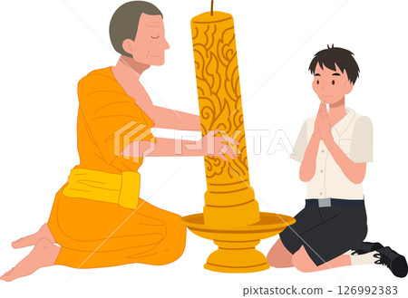 A young Thai student offers a candle to a monk during Khao Phansa at a temple A young Thai student offers a candle to a monk during Khao Phansa at a temple 126992383