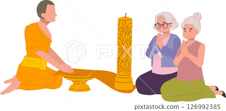 Elderly Thai woman offering candle to monk on Buddhist Lent Day. 126992385