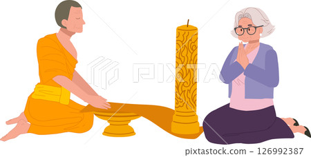 Elderly Thai woman offering candle to monk on Buddhist Lent Day. Elderly Thai woman offering candle to monk on Buddhist Lent Day. 126992387