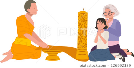 Elderly woman and grandchild offer a candle to a monk during a buddhist holiday. Buddhist Lent 126992389