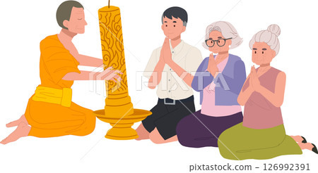 Elderly woman and grandchild offer a candle to a monk during a buddhist holiday. Buddhist Lent Elderly woman and grandchild offer a candle to a monk during a buddhist holiday. Buddhist Lent 126992391