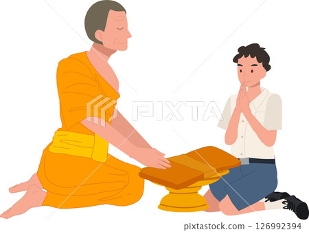 A Thai student boy offers a bathing robe to a monk during Buddhist Lent 126992394