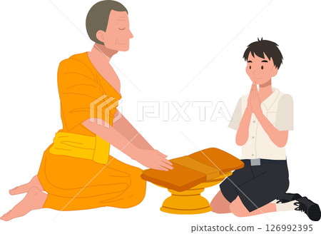 A Thai student boy offers a bathing robe to a monk during Buddhist Lent 126992395