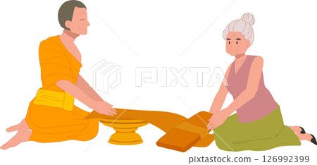 thai buddhist tradition elderly woman offering robe to monk on buddhist lent day thai buddhist tradition elderly woman offering robe to monk on buddhist lent day 126992399