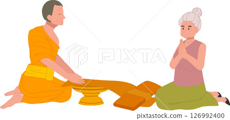 thai buddhist tradition elderly woman offering robe to monk on buddhist lent day 126992400