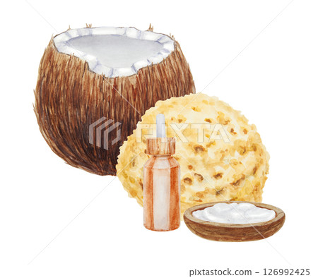 Watercolor illustration of tropical spa elements including coconut, natural sponge, essential oil bottle, and coconut cream. Ideal for wellness, skincare, natural beauty, and self-care themes. 126992425