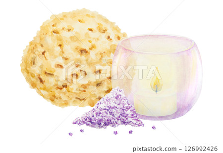 Yellow sea sponge, salt and violet glass candlestick with candle, vase. Watercolor hand drawn illustration. Natural eco product for body washing and selfcare. Washcloth for sauna, spa salon and shower 126992426