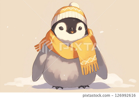 Penguin wearing a scarf and knitted hat 126992616