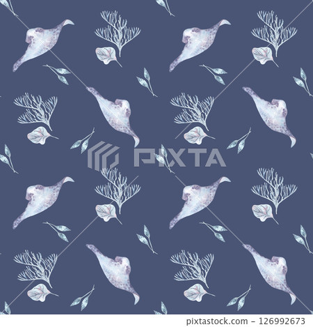 Stingrays, blue corals and seaweeds pastel tones watercolor seamless pattern isolated on dark. Ocean creatures monochrome repeated print hand drawn. Design for beach textiles, marine background. Stingrays, blue corals and seaweeds pastel tones watercolor seamless pattern isolated on dark. Ocean creatures monochrome repeated print hand drawn. Design for beach textiles, marine background. 126992673
