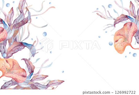 Watercolor ocean frame with bright tropical seaweeds, coral leaves isolated. Vibrant underwater border in orange, pink, and purple tones with blue bubbles, hand painted for summer tropical designs. 126992722