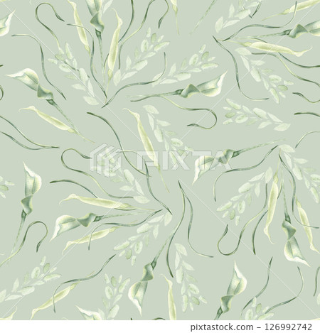 Greenery watercolor seamless pattern with white calla lilies and flowing stems hand painted neutral colors. Gentle flowers repeat backdrop isolated for romantic wallpaper, fabric, and home textile. 126992742