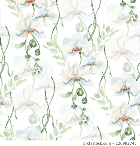 Seamless floral watercolor background with blooming white orchids, buds, and gentle botanical stems leaves hand drawn isolated. Flowers repeated design neutral colors for fabrics and wallpaper. 126992743