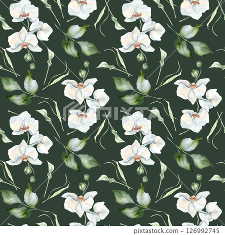 Elegant floral watercolor seamless pattern with white orchids, holly sprigs, and greenery hand drawn. Repeated botanical background isolated for wedding invitations, fabric prints, packaging. Elegant floral watercolor seamless pattern with white orchids, holly sprigs, and greenery hand drawn. Repeated botanical background isolated for wedding invitations, fabric prints, packaging. 126992745