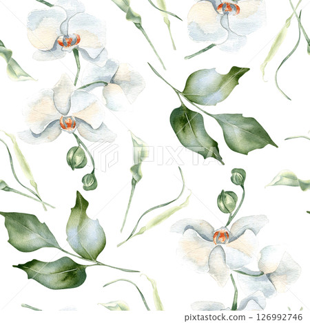 White orchids, holly leaves and soft greenery pastel watercolor seamless floral pattern isolated . Elegant botanical repeat design for wedding stationery, fabrics, eco friendly packaging, wallpaper. White orchids, holly leaves and soft greenery pastel watercolor seamless floral pattern isolated . Elegant botanical repeat design for wedding stationery, fabrics, eco friendly packaging, wallpaper. 126992746