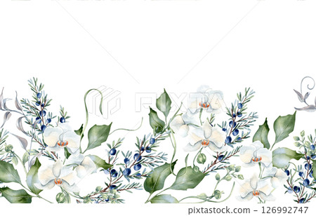 Horizontal winter floral seamless border with white orchid blooms, juniper and greenery hand drawn. Watercolor flowers and holly isolated for holiday cards, nature winter prints and vintage packaging. 126992747