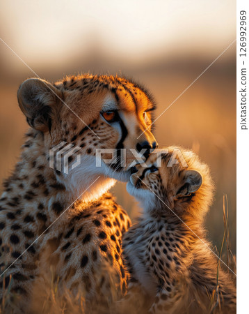 Cheetah mother and cub sharing a tender moment 126992969