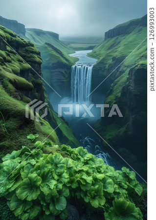 Majestic waterfall cascading through lush green cliffs 126993003