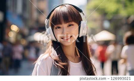 Young woman wearing headphones looking at camera 126993021