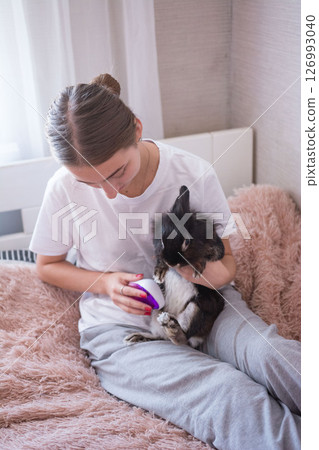 Young woman gently grooming her pet rabbit on a fluffy bed. A moment of calm and connection. Young woman gently grooming her pet rabbit on a fluffy bed. A moment of calm and connection. 126993040