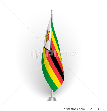 Zimbabwe flag - 3D standard conference flag hanging on ground flagpole. Usable for summit, indoor meeting, board room, government office, press room or reception. Vector flag with shading 126993132
