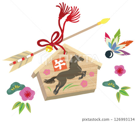Paper cutout votive plaque for the year of the snake (black horse) with hamaya arrow, pine, bamboo and plum and feathers 126993134