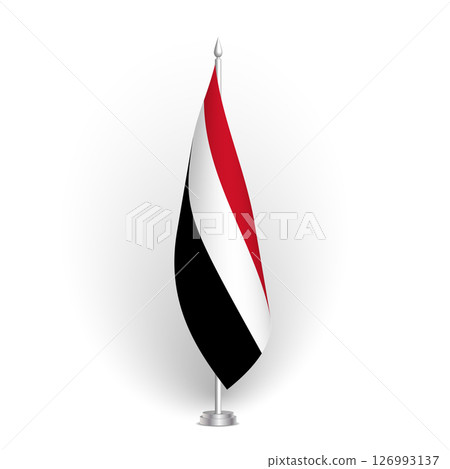Yemen flag - 3D standard conference flag hanging on ground flagpole. Usable for summit, indoor meeting, board room, government office, press room or reception. Vector flag with shading Yemen flag - 3D standard conference flag hanging on ground flagpole. Usable for summit, indoor meeting, board room, government office, press room or reception. Vector flag with shading 126993137