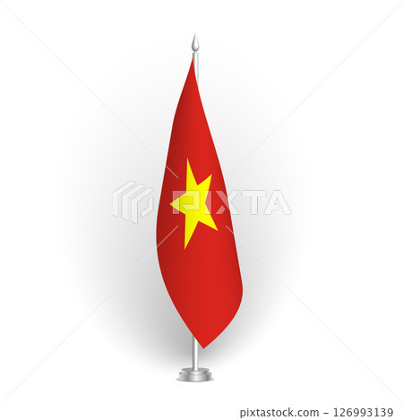 Vietnam flag - 3D standard conference flag hanging on ground flagpole. Usable for summit, indoor meeting, board room, government office, press room or reception. Vector flag with shading 126993139