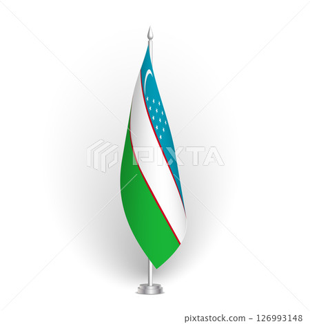 Uzbekistan flag - 3D standard conference flag hanging on ground flagpole. Usable for summit, indoor meeting, board room, government office, press room or reception. Vector flag with shading 126993148