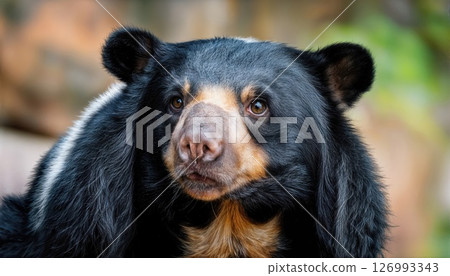 Vivid and Intimate Portrait of a Solitary Spectacled Bear, Captured in Striking Clarity with Depth of Field Blur, Showcasing its Striking Facial Features and Mesmerizing Eyes amidst the Dense Vivid and Intimate Portrait of a Solitary Spectacled Bear, Captured in Striking Clarity with Depth of Field Blur, Showcasing its Striking Facial Features and Mesmerizing Eyes amidst the Dense 126993343
