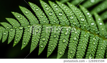 Dew Drops on Fern Frond, Closeup 126993594