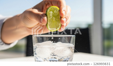 Hand Squeezing Lime into Sparkling Water 126993631
